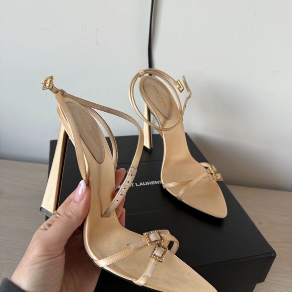 NWB Saint Laurent Lila Sandals Beige Satin Ankle Strap High Heels Sz 39 - Picture 3 of 15